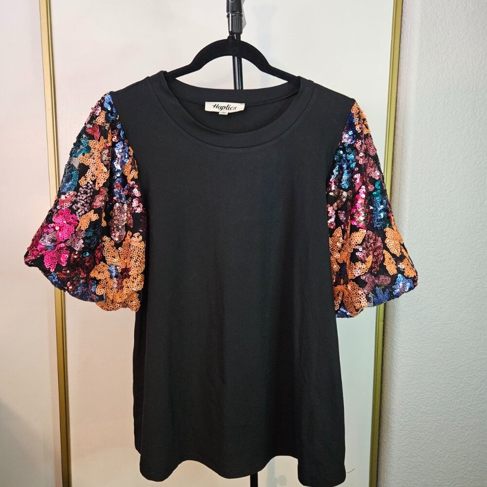 Women's Black Floral Sequin Puff Sleeve Evening Top Size M